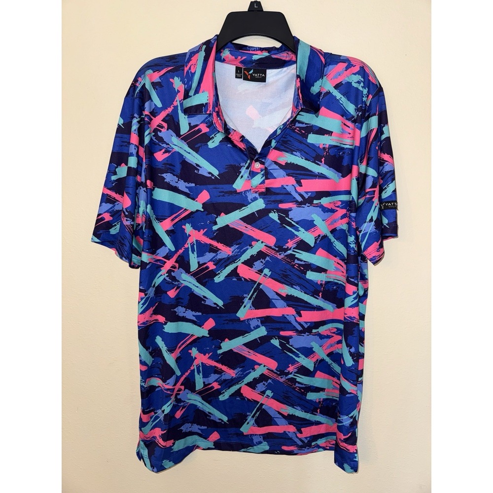 Yatta Golf Mens Performance Polo Shirt Large Blue Pink Abstract 90s Brushstroke